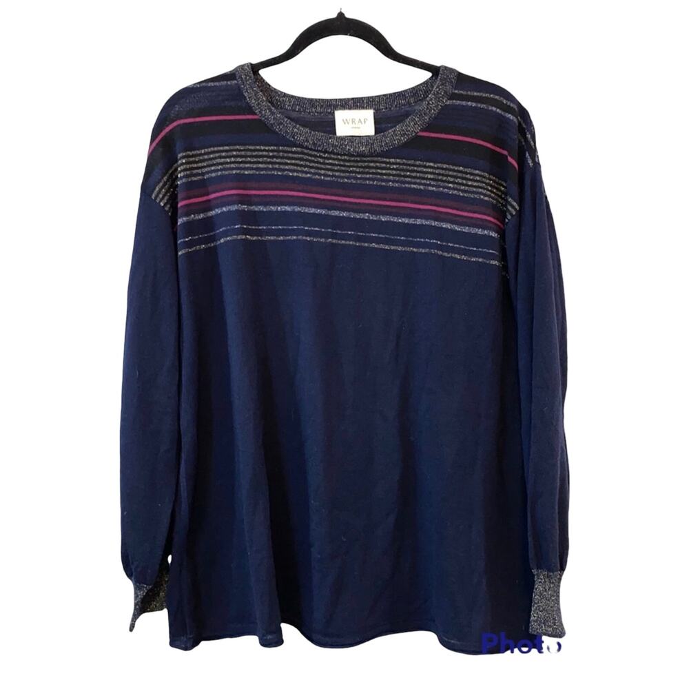 Wrap London Wool Blend‎ Sweater 8 Navy Striped Metallic Trim